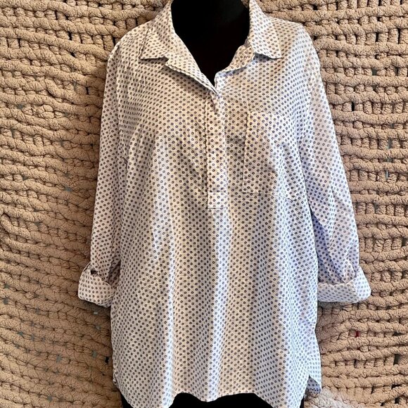 Gap Classic White Long Sleeve Patterned with Blue Circles Collared Top Size L - Picture 2 of 12